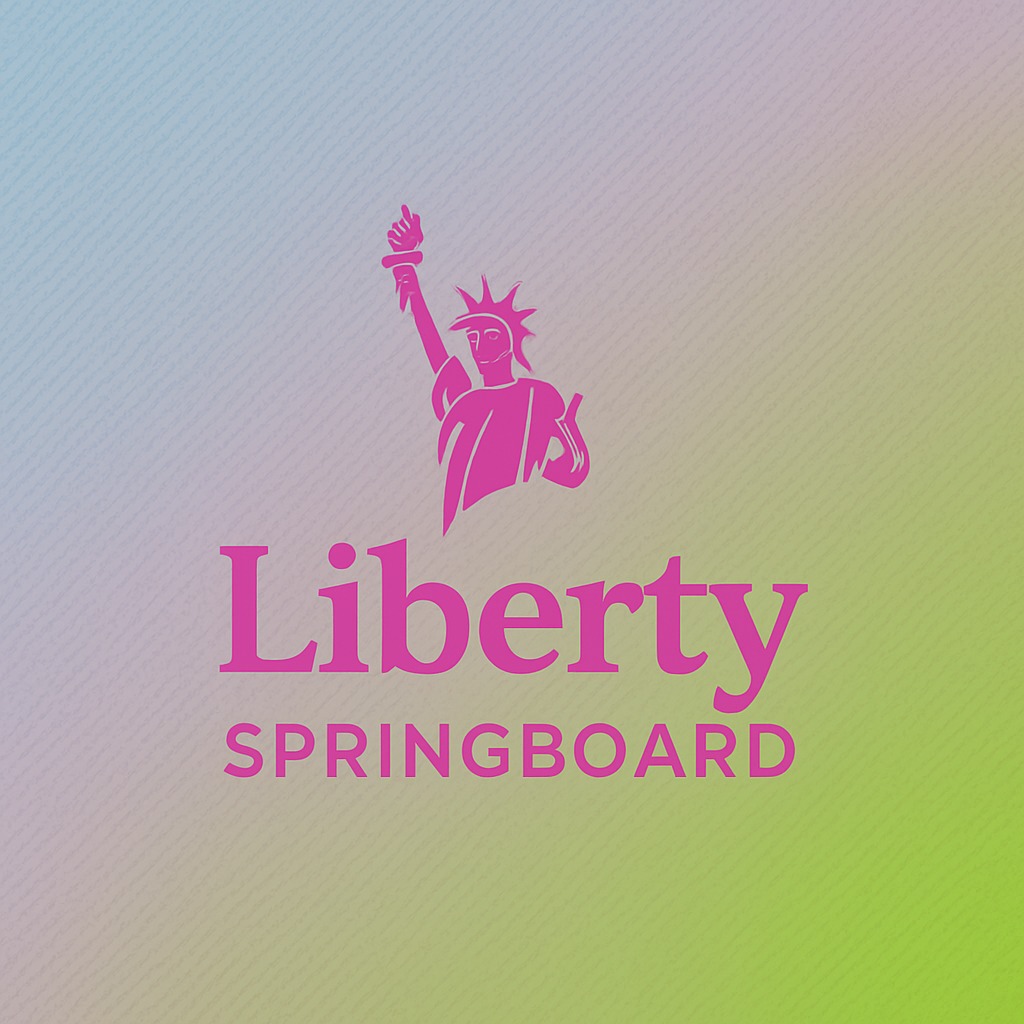 Liberty Springboard logo in pink with gradient background